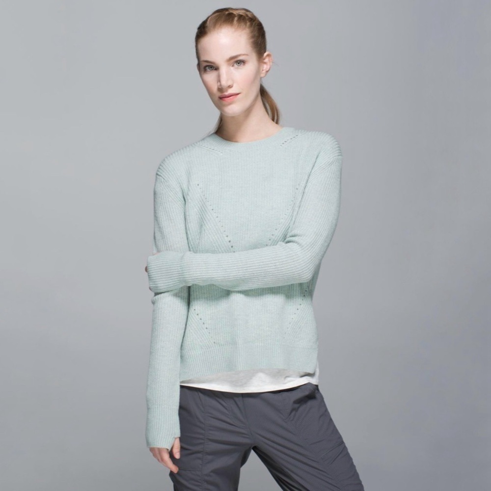 Lululemon Seva Sweater Merino Wool Pointelle Knit High Low Pullover Minty Grey 4